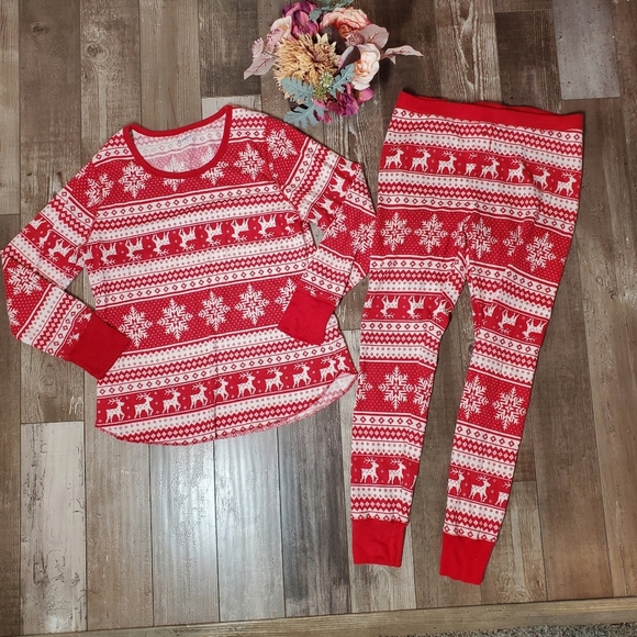 Old Navy Thermal-Knit Matching Print 2 Piece Pajama Set Red, White EUC - Picture 1 of 15